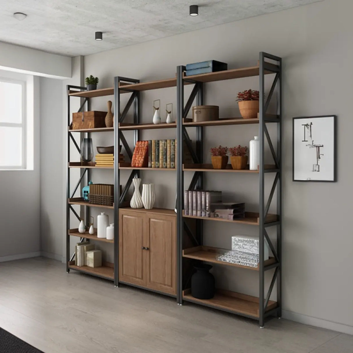 Casual Auburn Metal Frame Wooden Display Bookshelf Image - 3