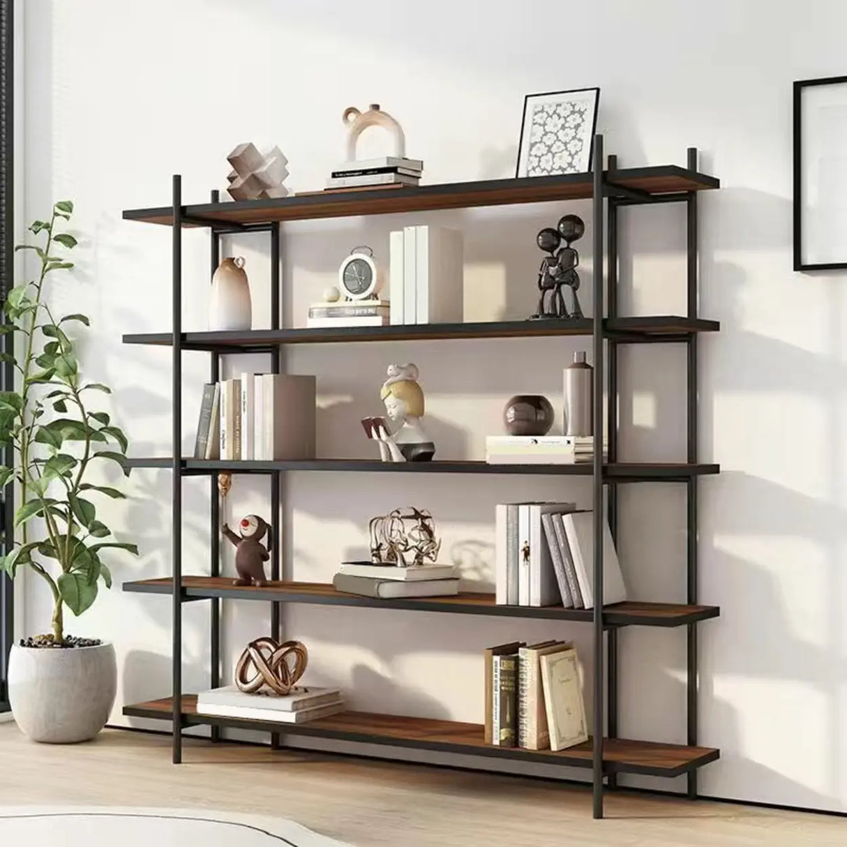 Casual Brown Open Rectangle Etagere Display Bookshelf Image - 8