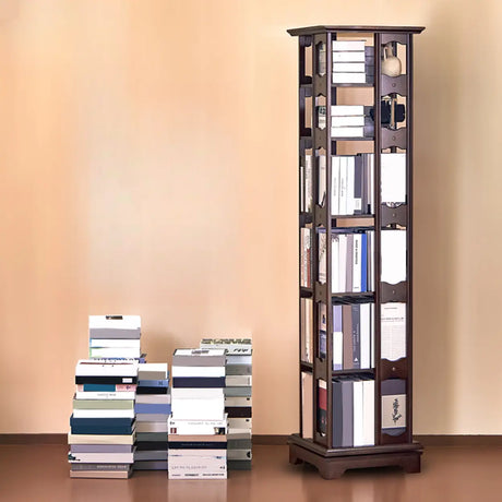 Casual Brown Rotating Wooden Open Back Narrow Bookcase Image - 1