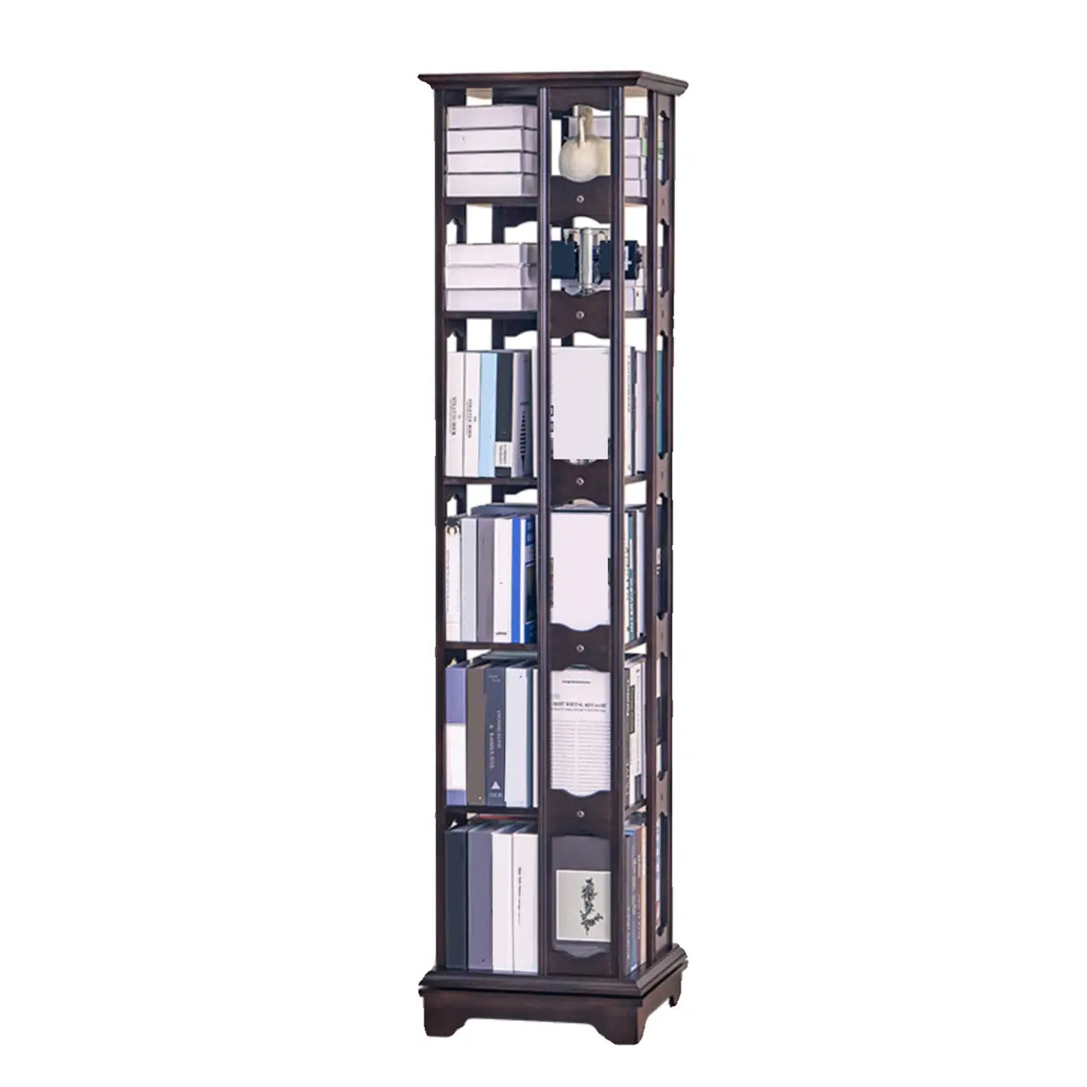 Casual Brown Rotating Wooden Open Back Narrow Bookcase Image - 10