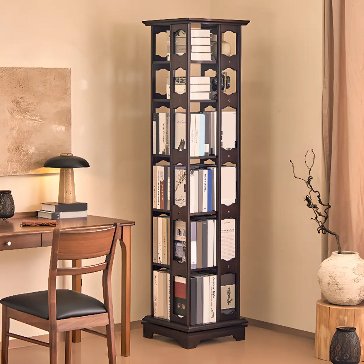 Casual Brown Rotating Wooden Open Back Narrow Bookcase Image - 4