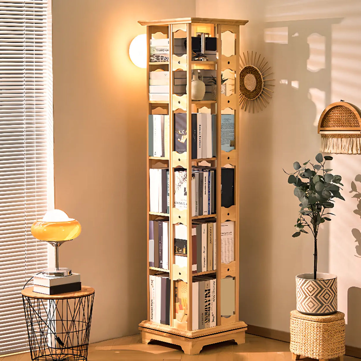 Casual Brown Rotating Wooden Open Back Narrow Bookcase Image - 5
