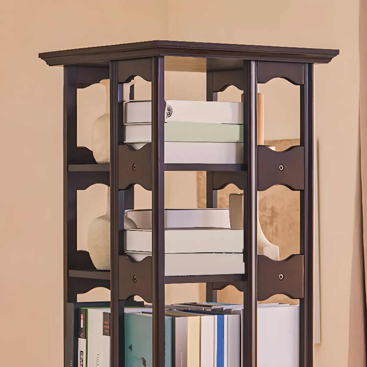 Casual Brown Rotating Wooden Open Back Narrow Bookcase Image - 14