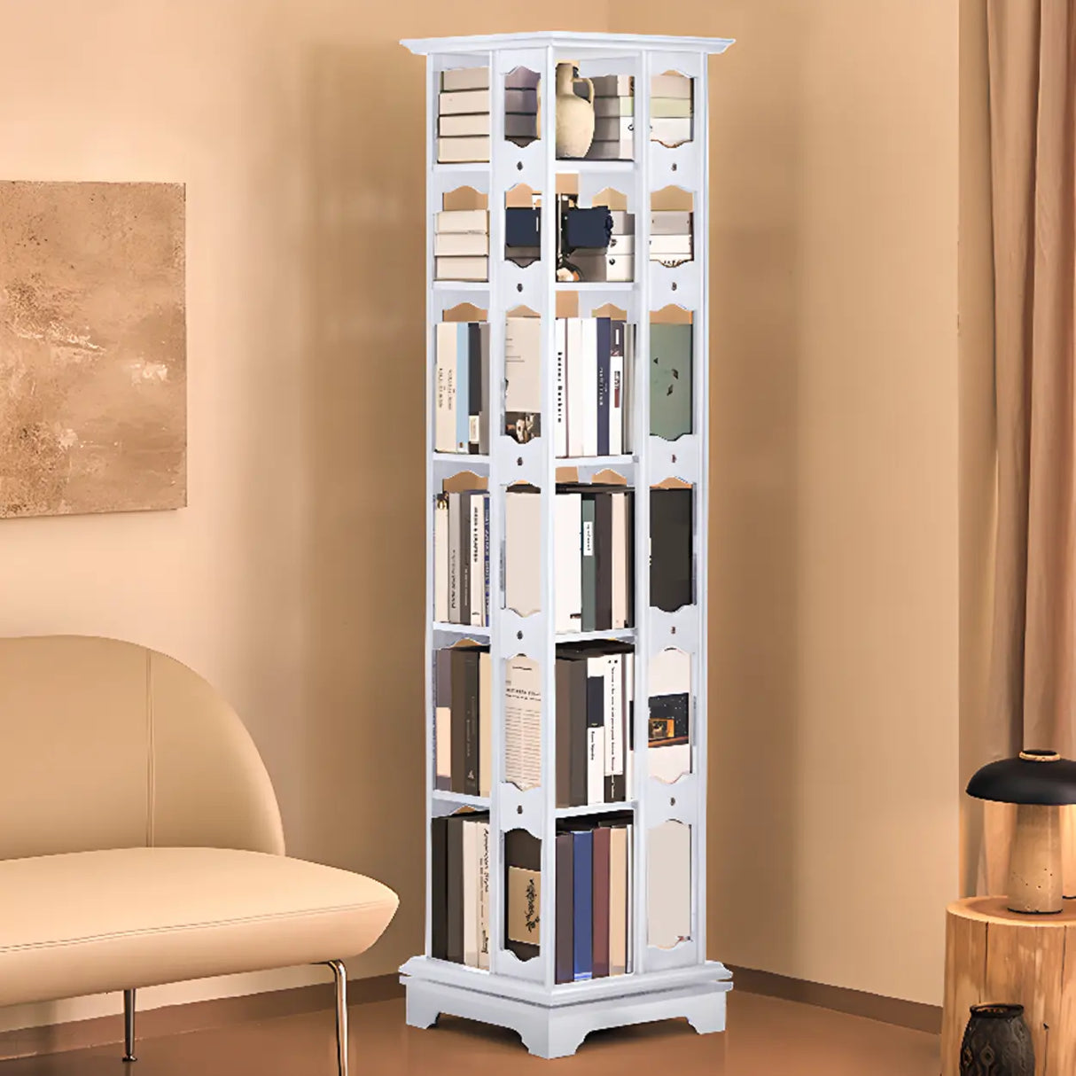 Casual Brown Rotating Wooden Open Back Narrow Bookcase Image - 8