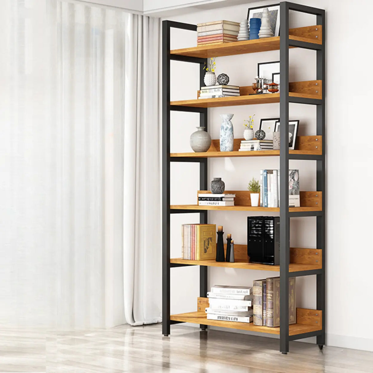 Casual Brown Steel Frame Open Shelf Etagere Bookshelf Image - 11