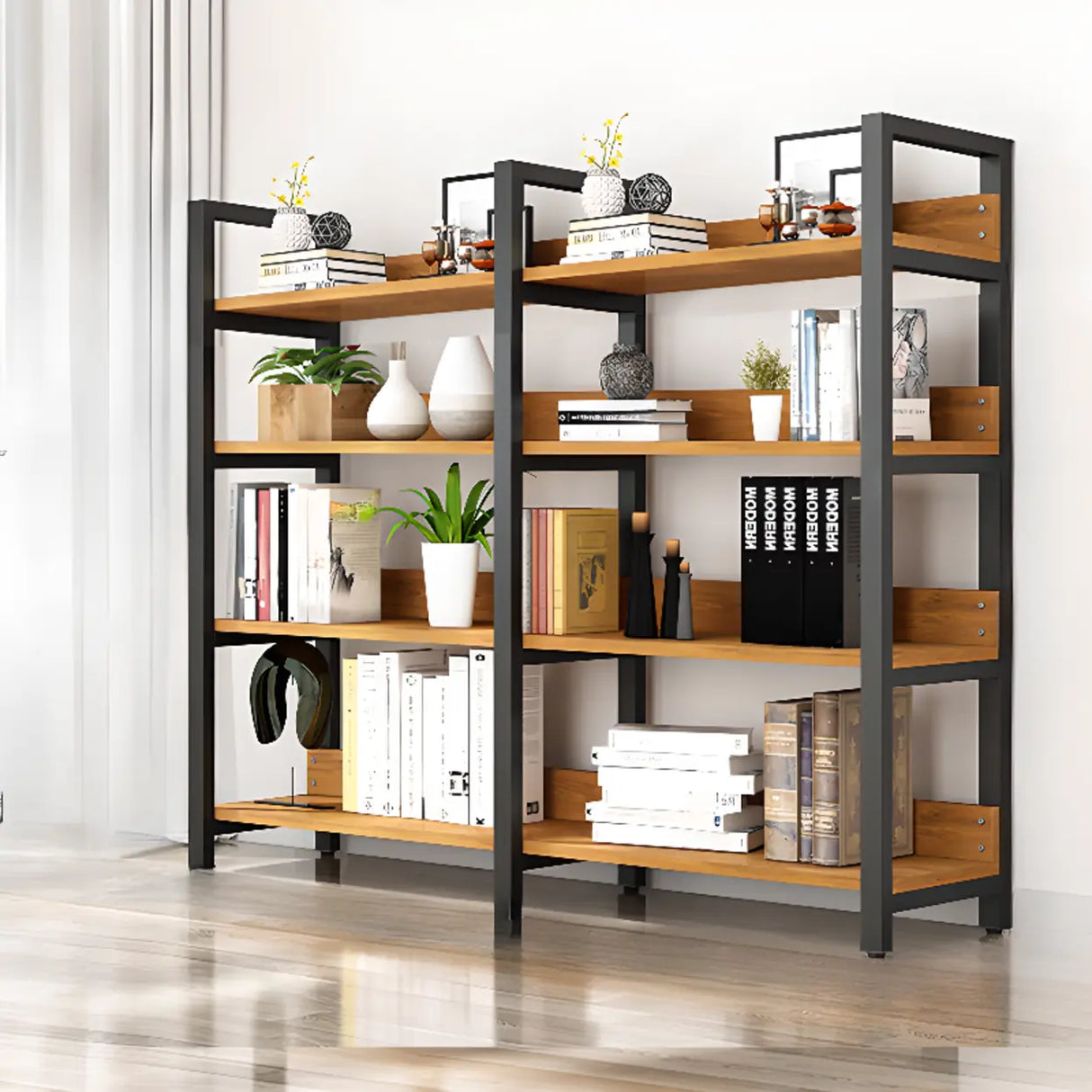 Casual Brown Steel Frame Open Shelf Etagere Bookshelf Image - 3