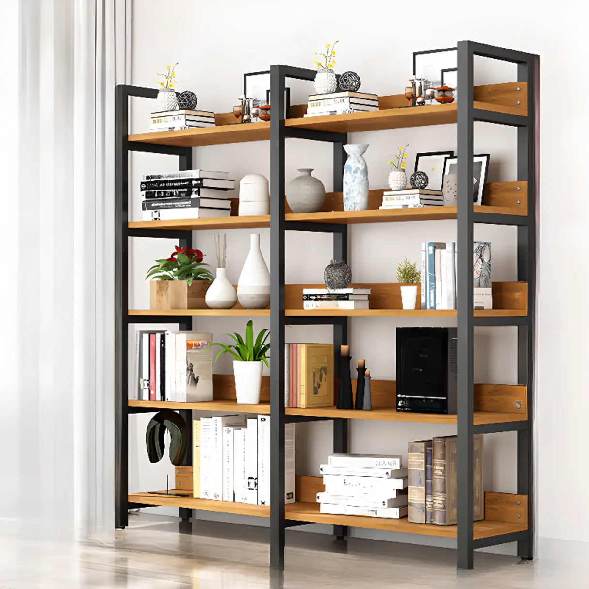 Casual Brown Steel Frame Open Shelf Etagere Bookshelf Image - 5