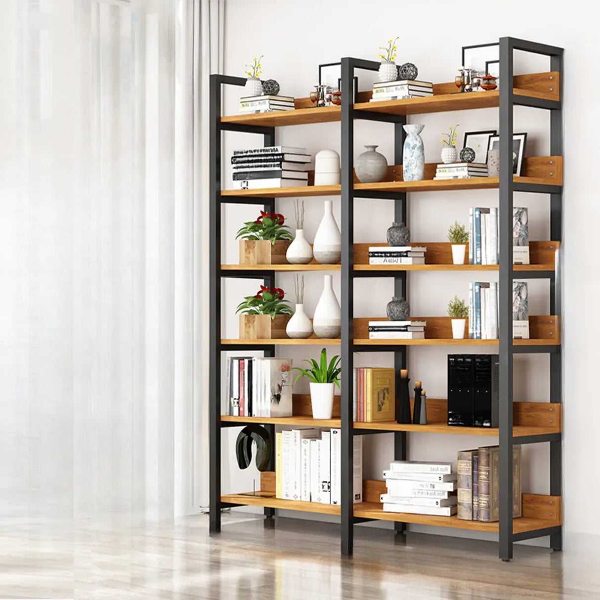 Casual Brown Steel Frame Open Shelf Etagere Bookshelf Image - 6