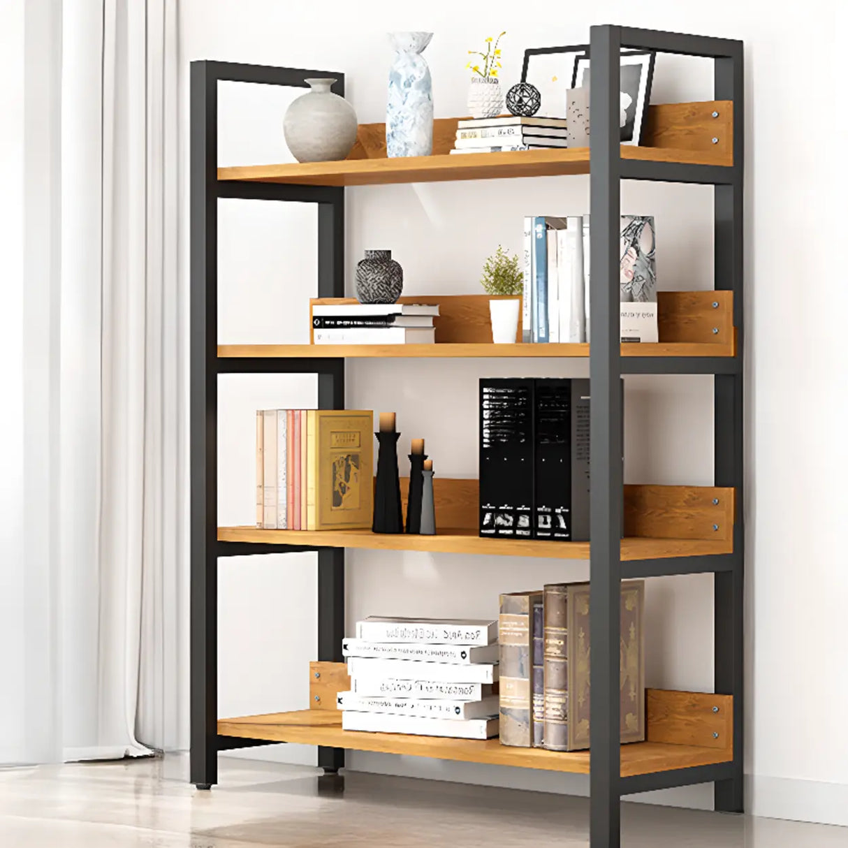 Casual Brown Steel Frame Open Shelf Etagere Bookshelf Image - 7