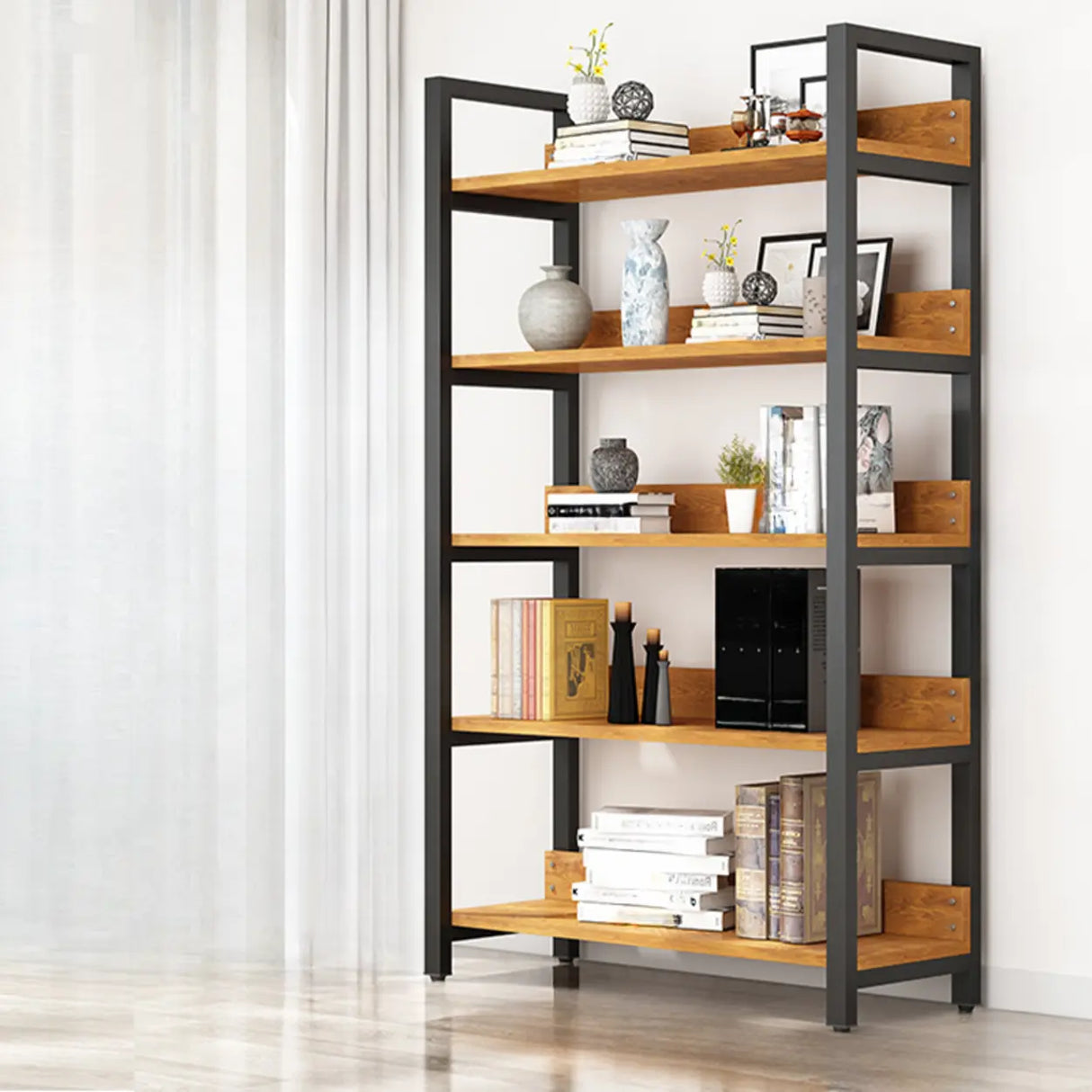 Casual Brown Steel Frame Open Shelf Etagere Bookshelf Image - 9