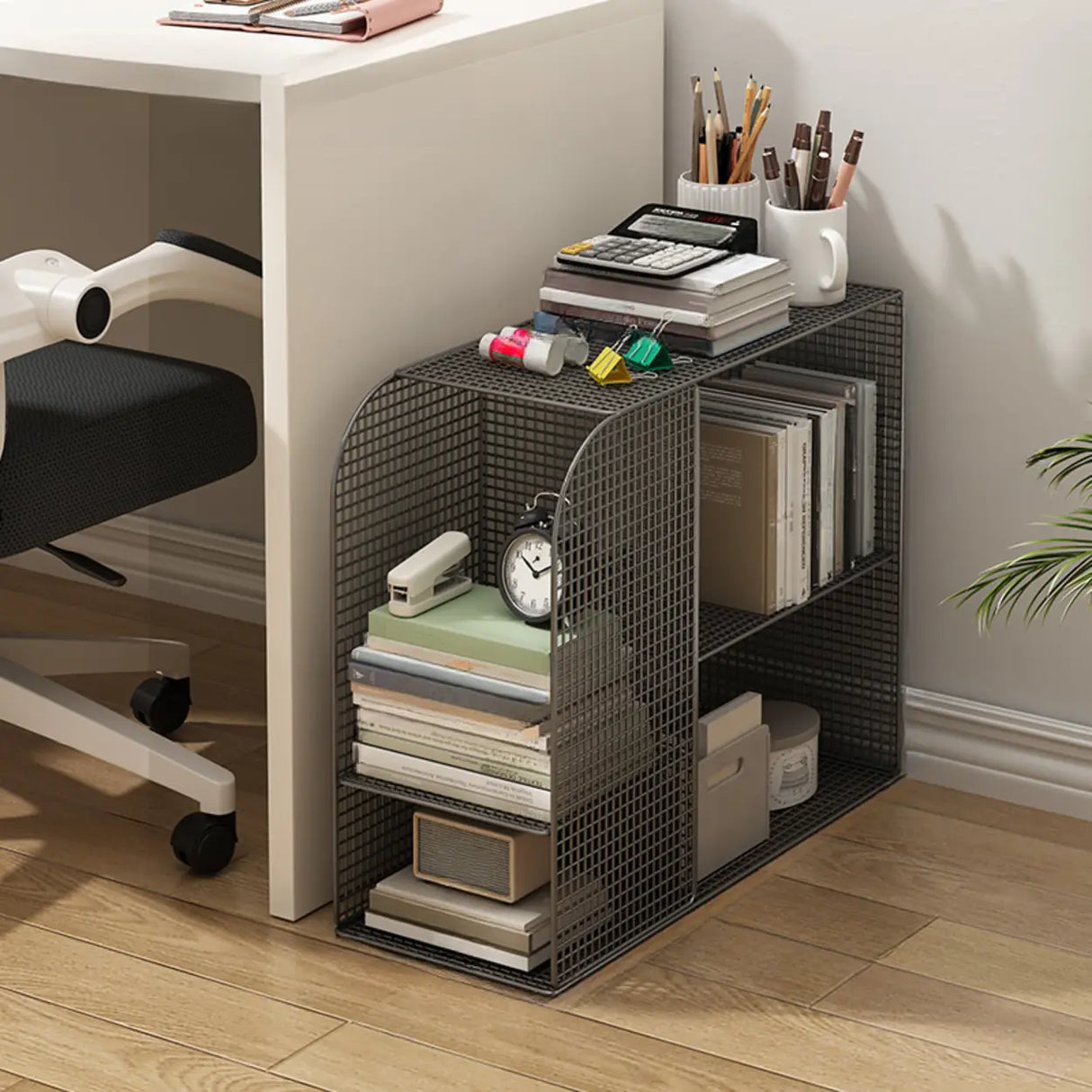 Casual Chic Gray Alloy Rolling Mesh Storage Bookcase Image - 11