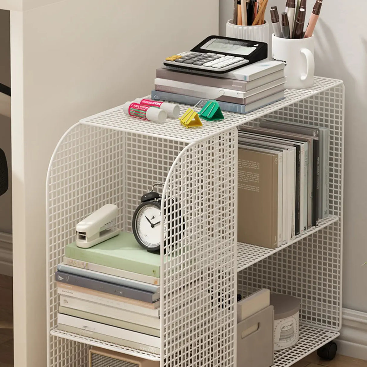 Casual Chic Gray Alloy Rolling Mesh Storage Bookcase Image - 12