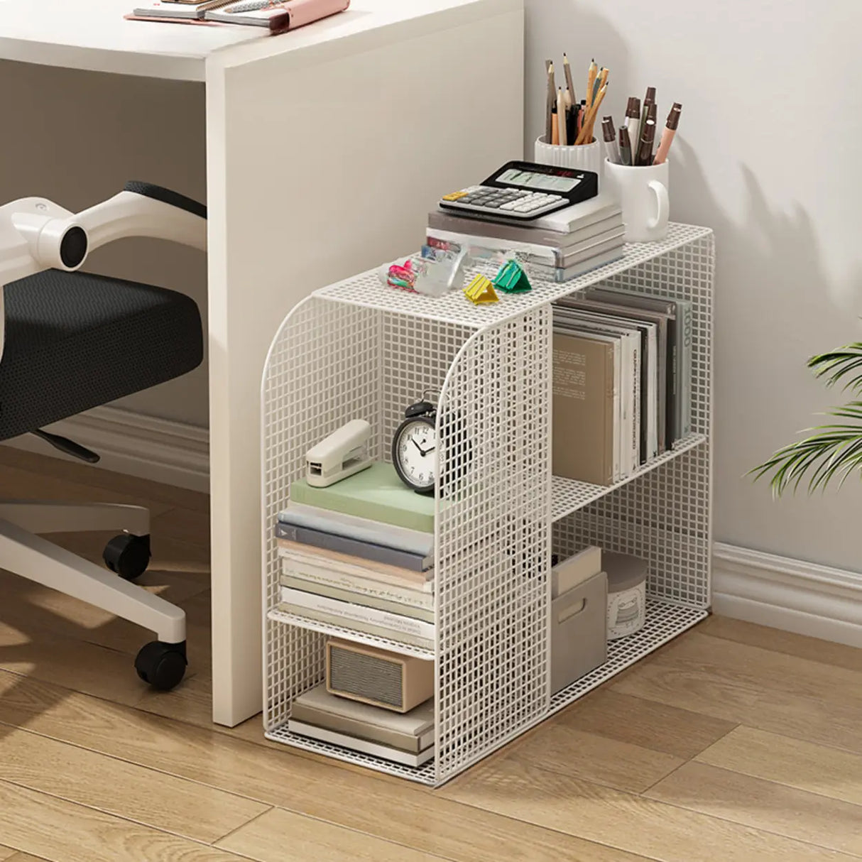 Casual Chic Gray Alloy Rolling Mesh Storage Bookcase Image - 15