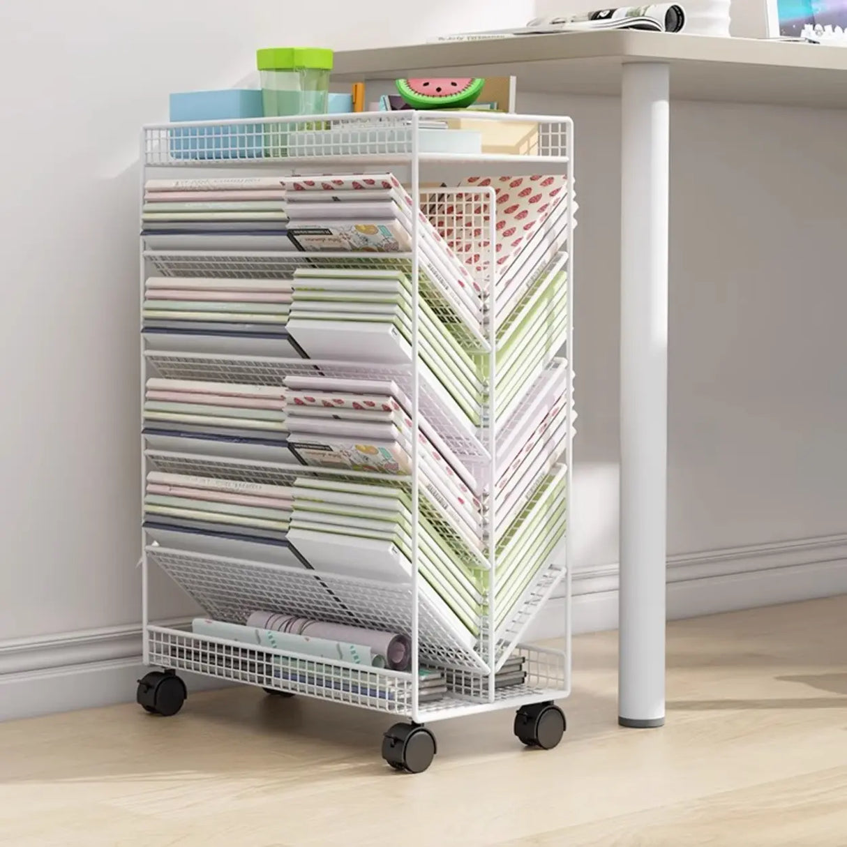 Casual Chic Gray Alloy Rolling Mesh Storage Bookcase Image - 18