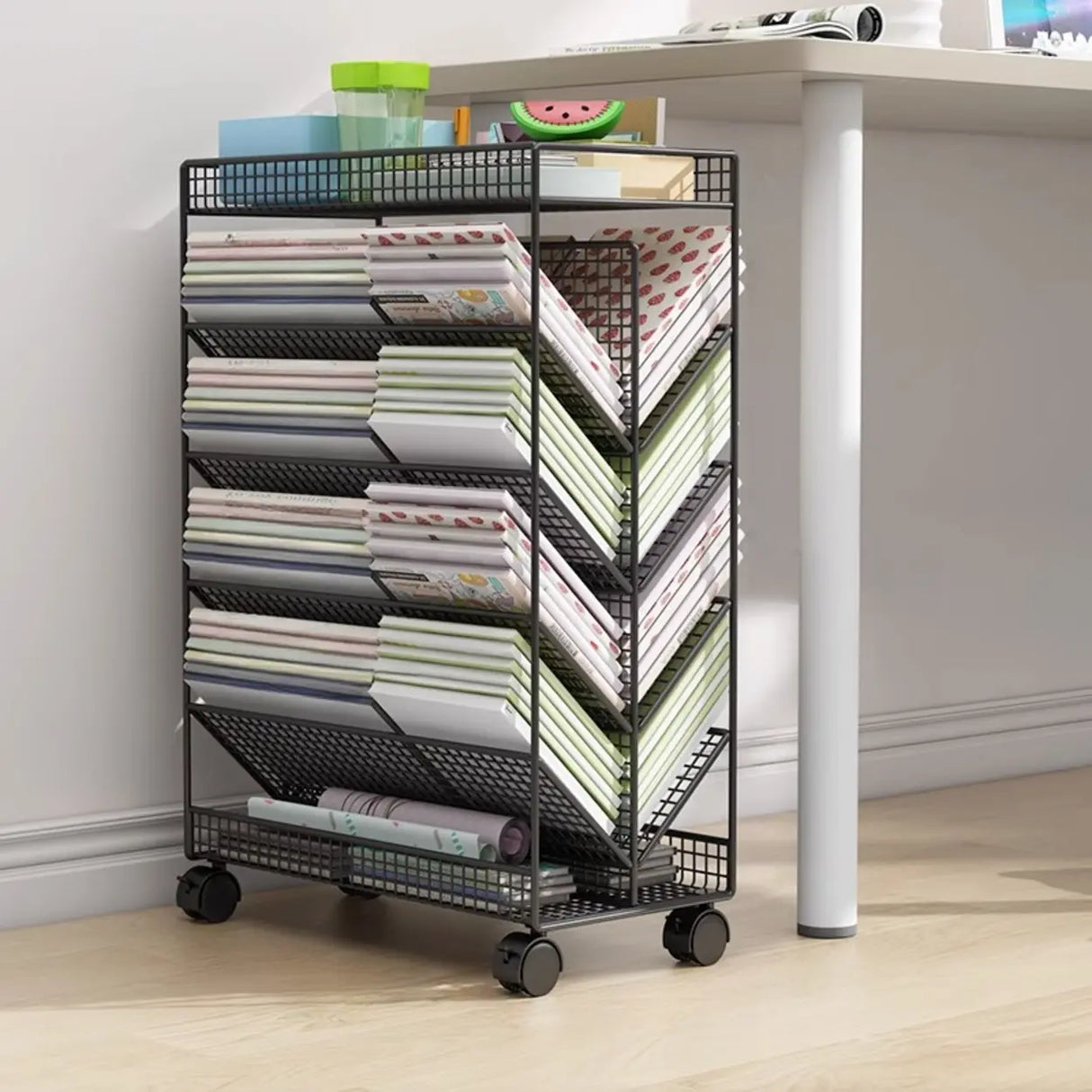 Casual Chic Gray Alloy Rolling Mesh Storage Bookcase Image - 19