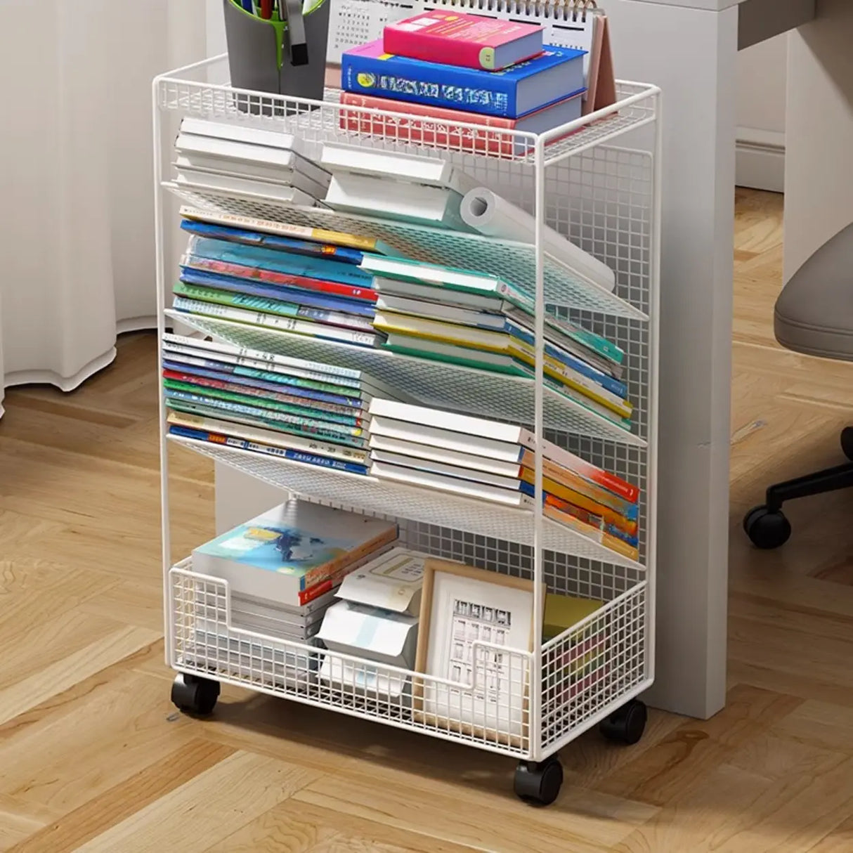 Casual Chic Gray Alloy Rolling Mesh Storage Bookcase Image - 22