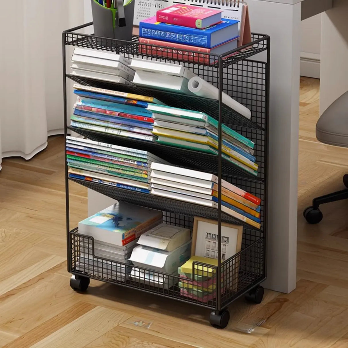 Casual Chic Gray Alloy Rolling Mesh Storage Bookcase Image - 23