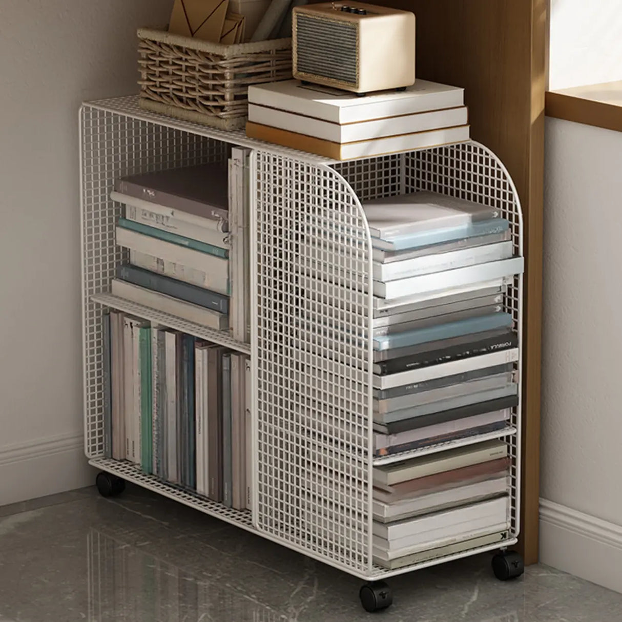 Casual Chic Gray Alloy Rolling Mesh Storage Bookcase Image - 3