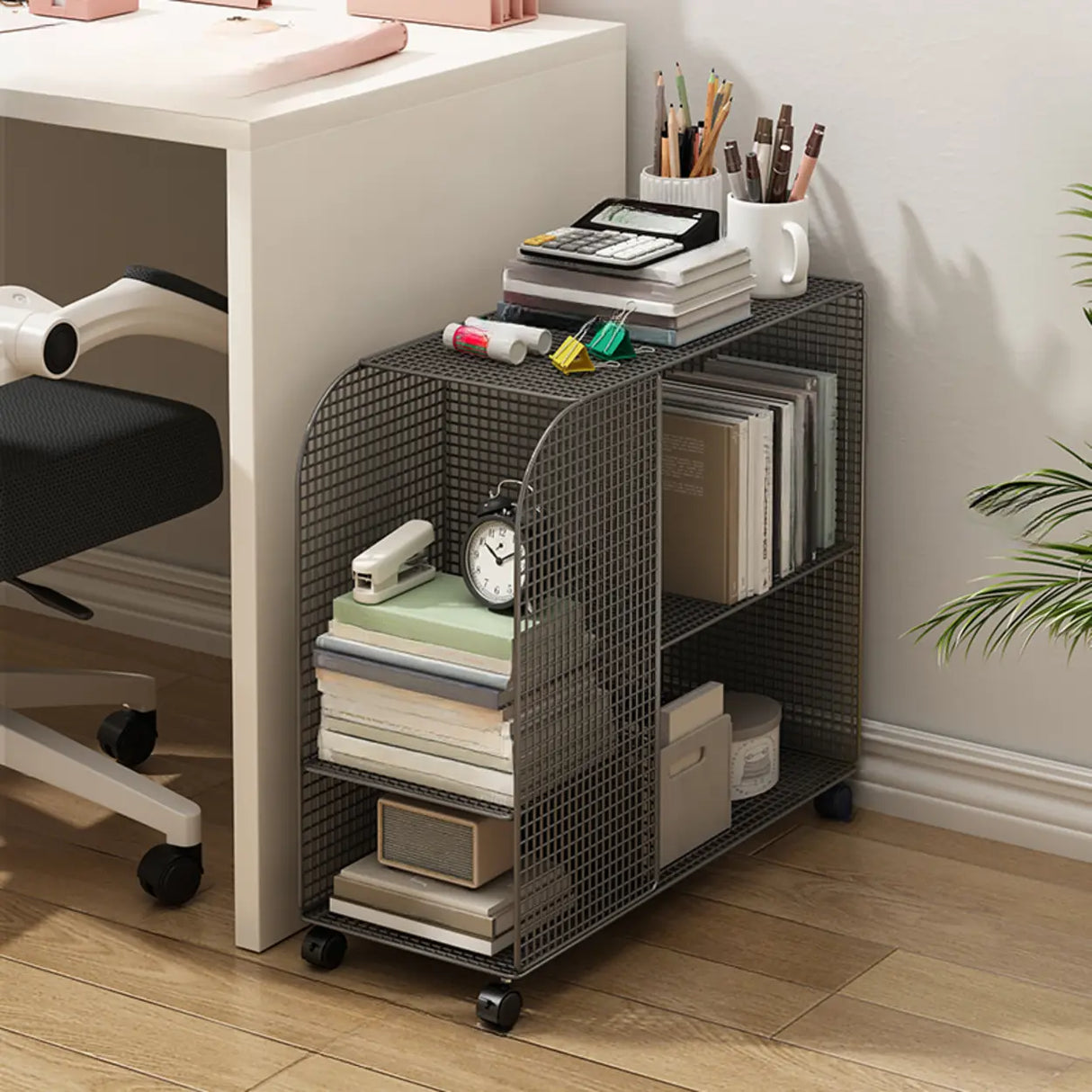 Casual Chic Gray Alloy Rolling Mesh Storage Bookcase Image - 4