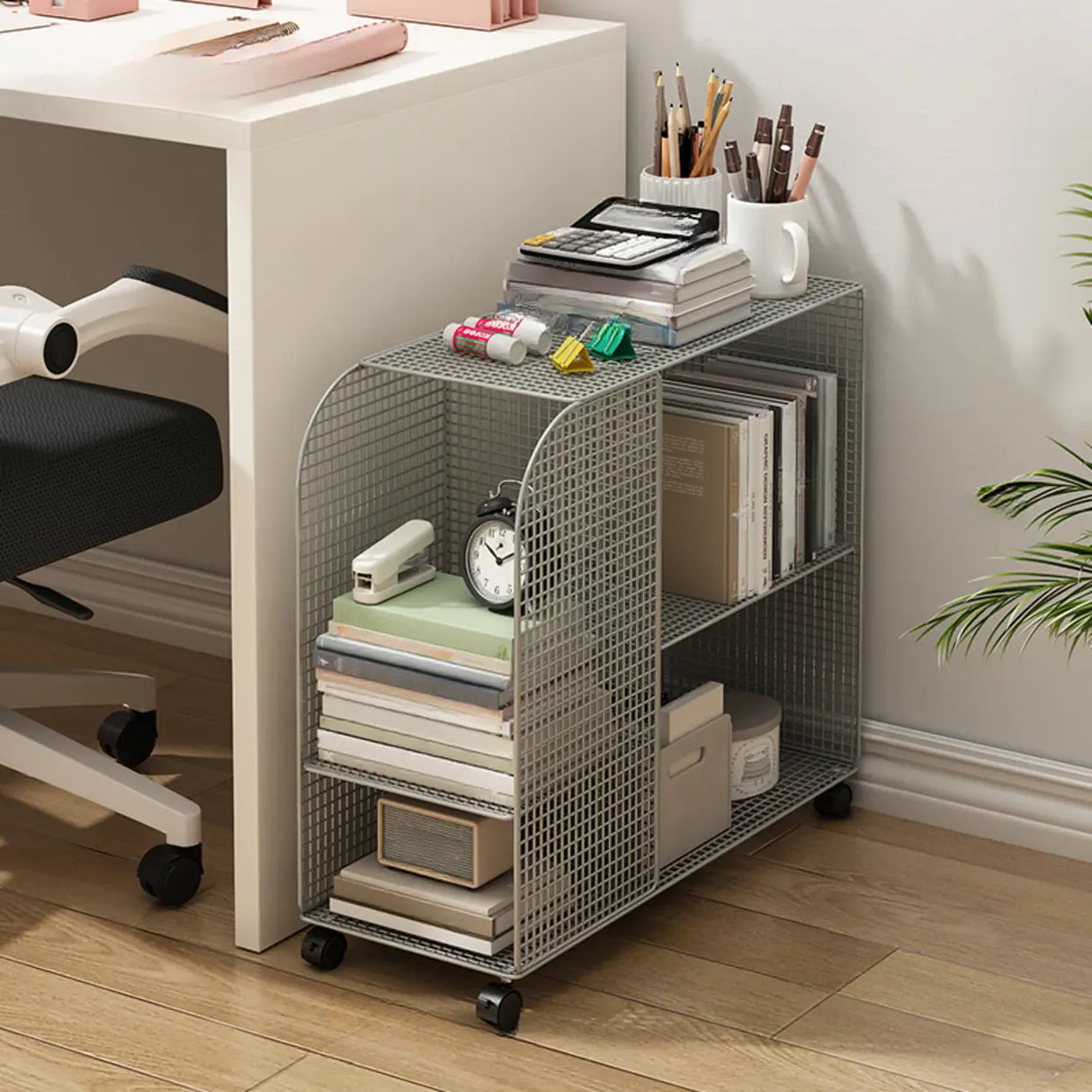 Casual Chic Gray Alloy Rolling Mesh Storage Bookcase Image - 5
