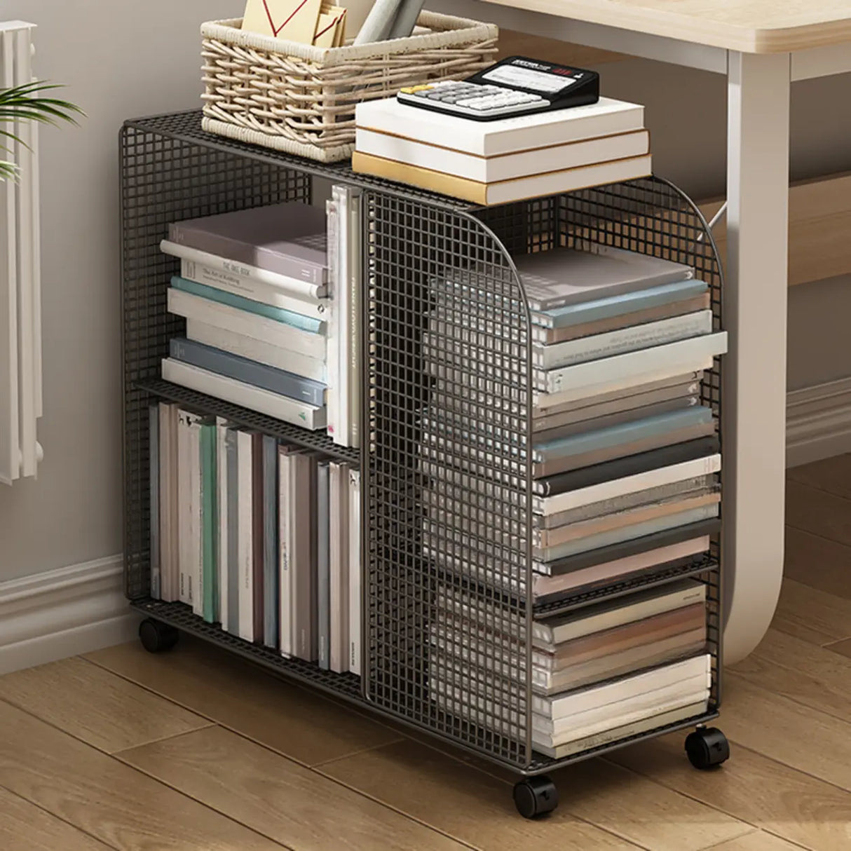 Casual Chic Gray Alloy Rolling Mesh Storage Bookcase Image - 6