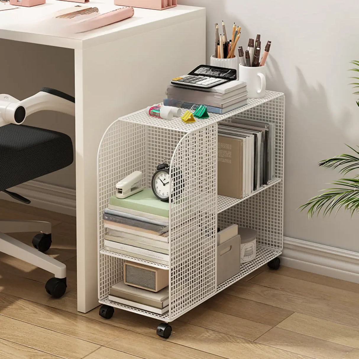 Casual Chic Gray Alloy Rolling Mesh Storage Bookcase Image - 7