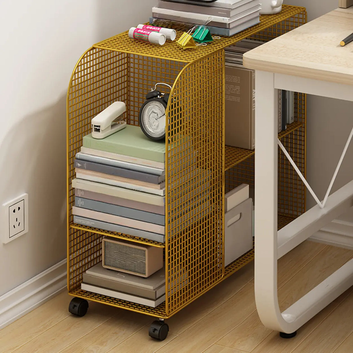 Casual Chic Gray Alloy Rolling Mesh Storage Bookcase Image - 8