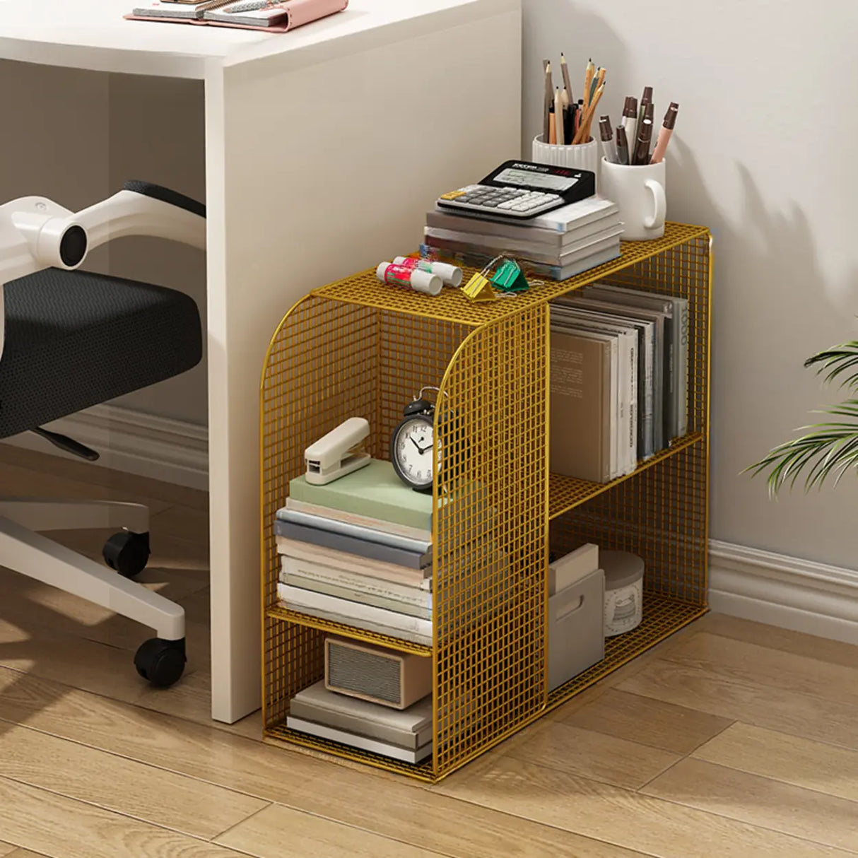 Casual Chic Gray Alloy Rolling Mesh Storage Bookcase Image - 9