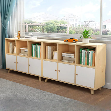 Casual Closed White Doors Pine Modern Long Bookcase Image - 1
