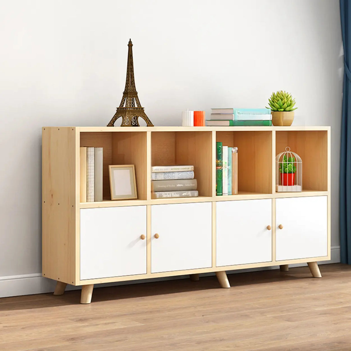 Casual Closed White Doors Pine Modern Long Bookcase Image - 10