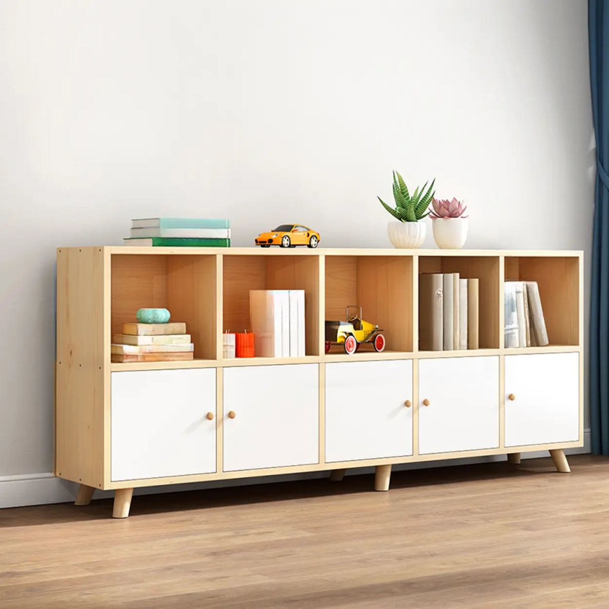 Casual Closed White Doors Pine Modern Long Bookcase Image - 14