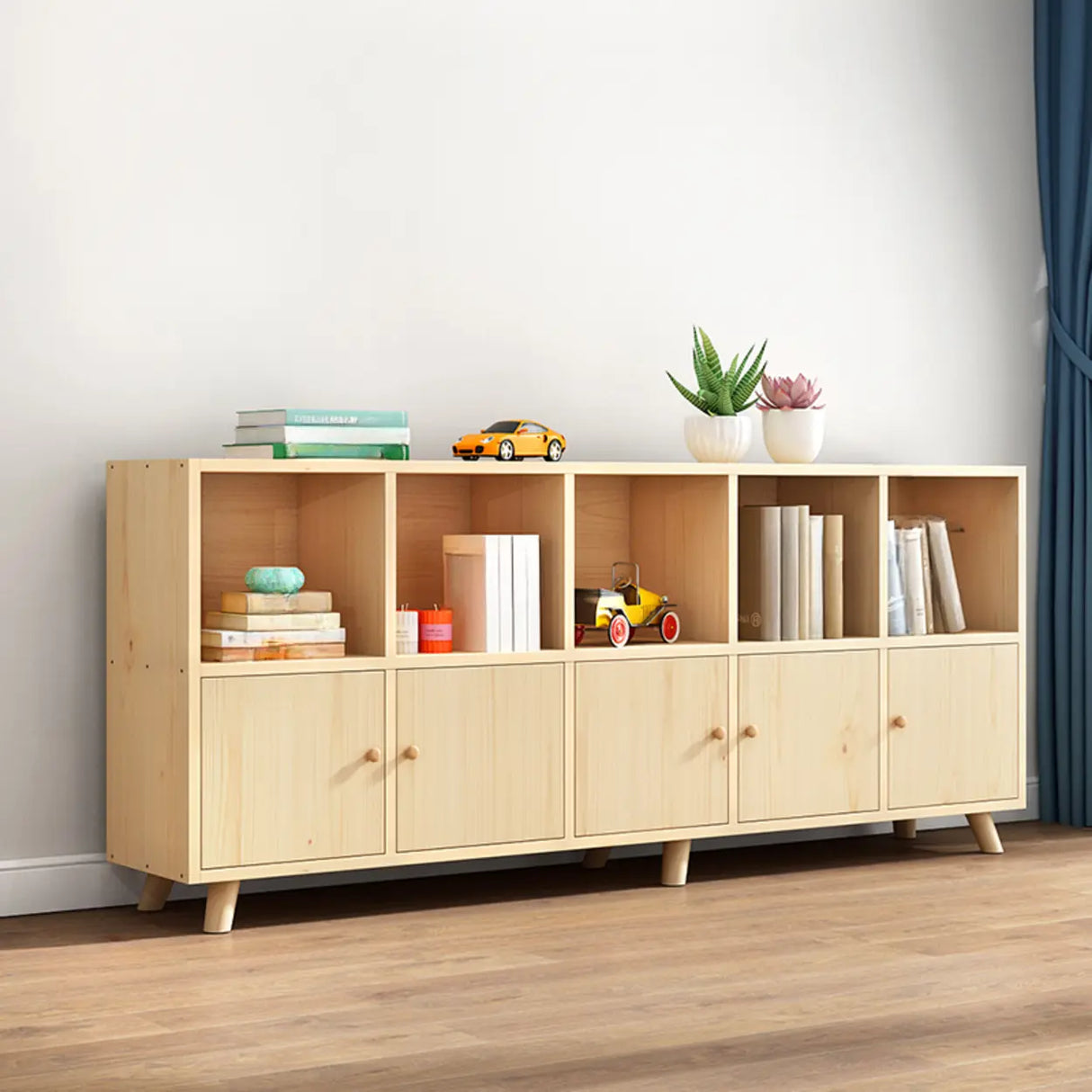 Casual Closed White Doors Pine Modern Long Bookcase Image - 15