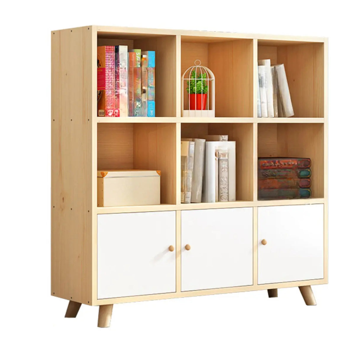 Casual Closed White Doors Pine Modern Long Bookcase Image - 17