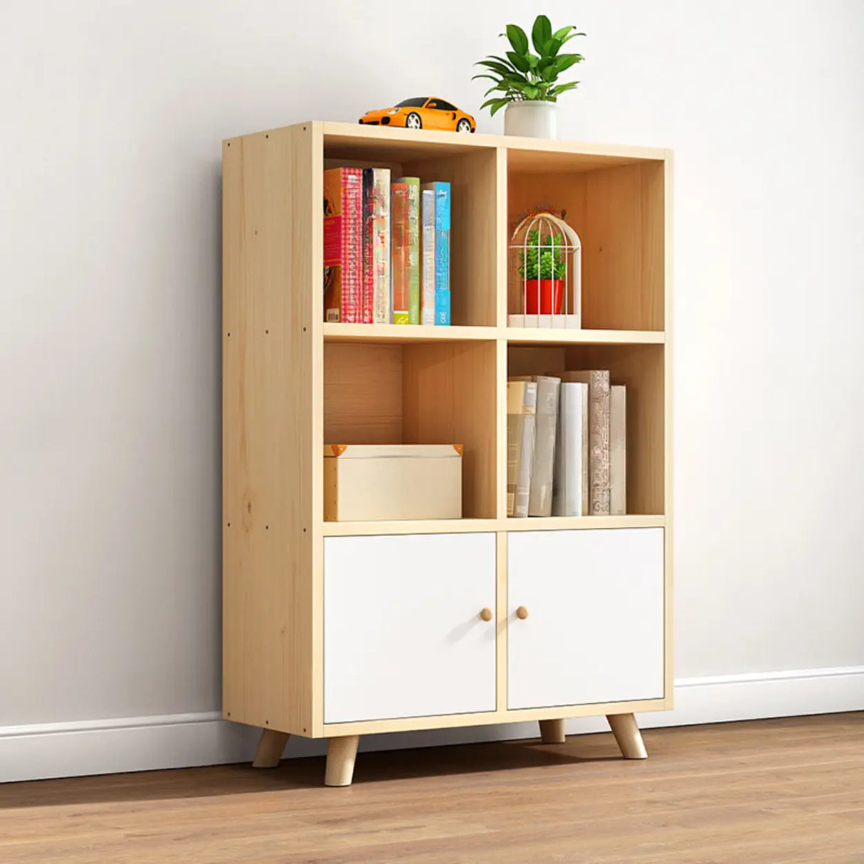 Casual Closed White Doors Pine Modern Long Bookcase Image - 18