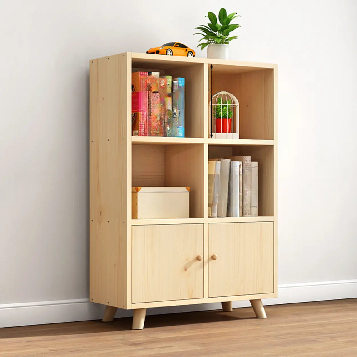 Casual Closed White Doors Pine Modern Long Bookcase Image - 19