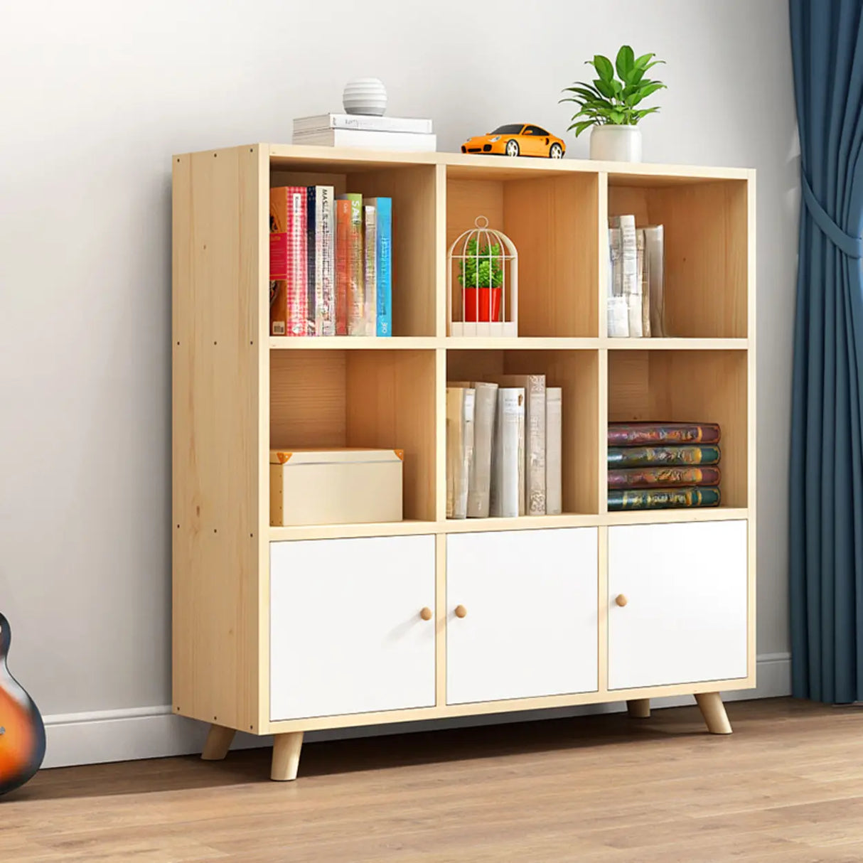 Casual Closed White Doors Pine Modern Long Bookcase Image - 21