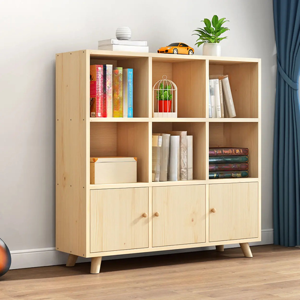 Casual Closed White Doors Pine Modern Long Bookcase Image - 22