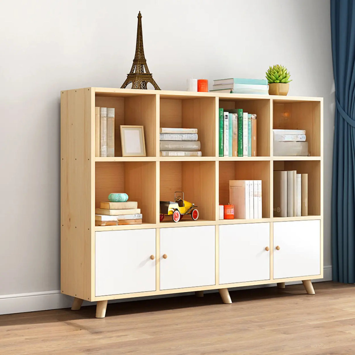 Casual Closed White Doors Pine Modern Long Bookcase Image - 23