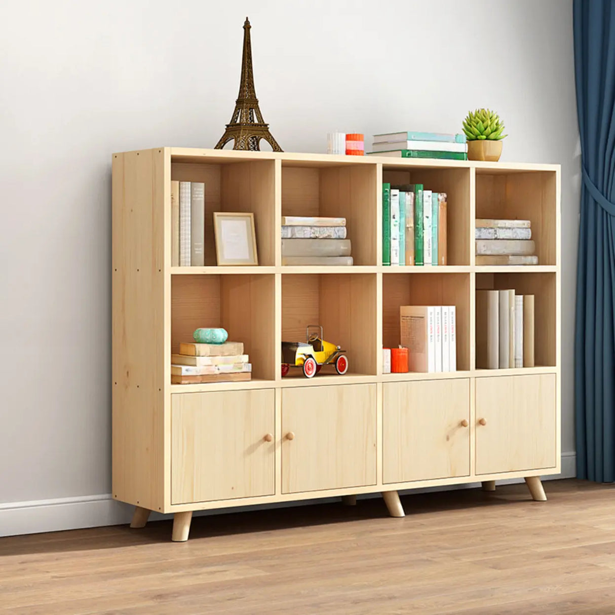 Casual Closed White Doors Pine Modern Long Bookcase Image - 24