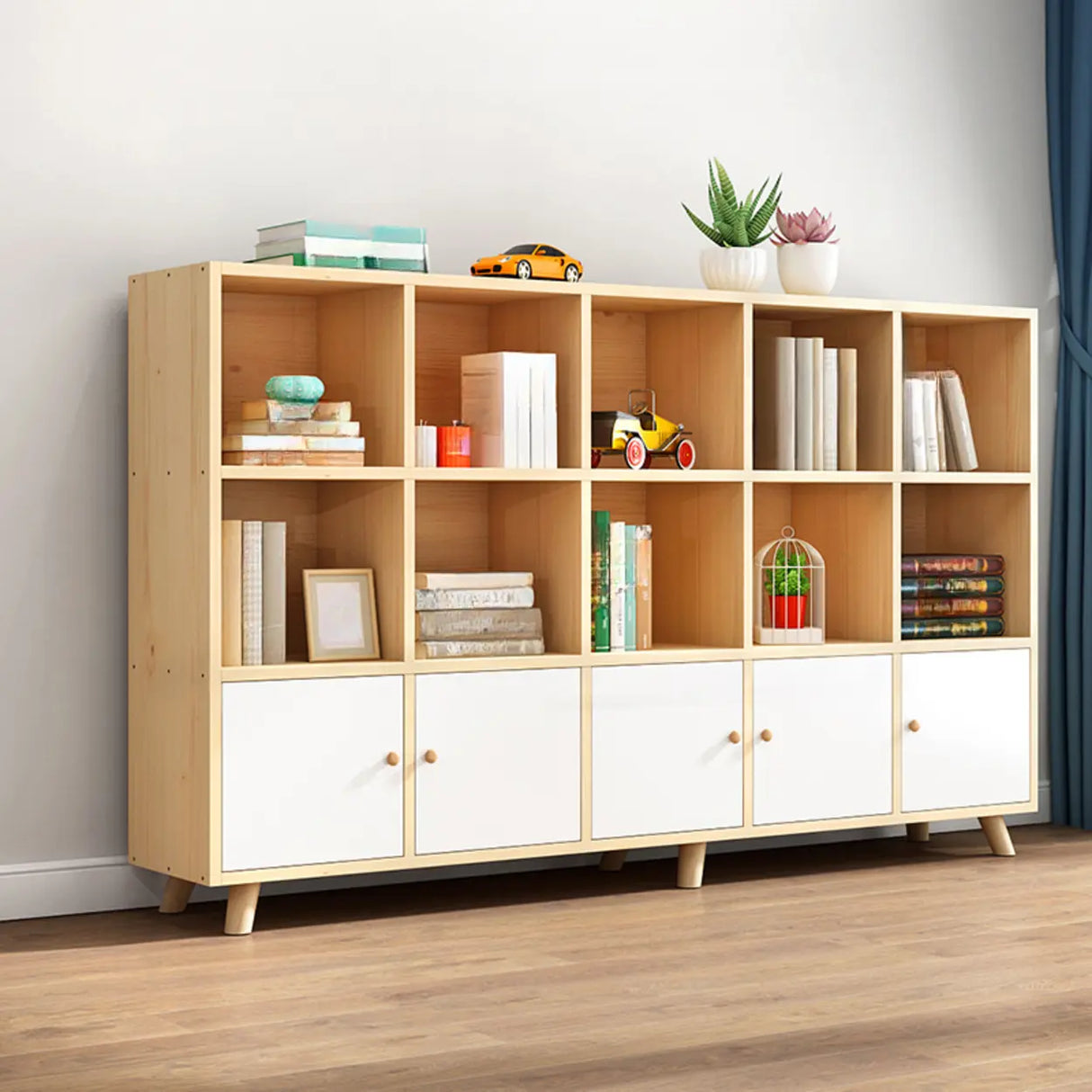 Casual Closed White Doors Pine Modern Long Bookcase Image - 25