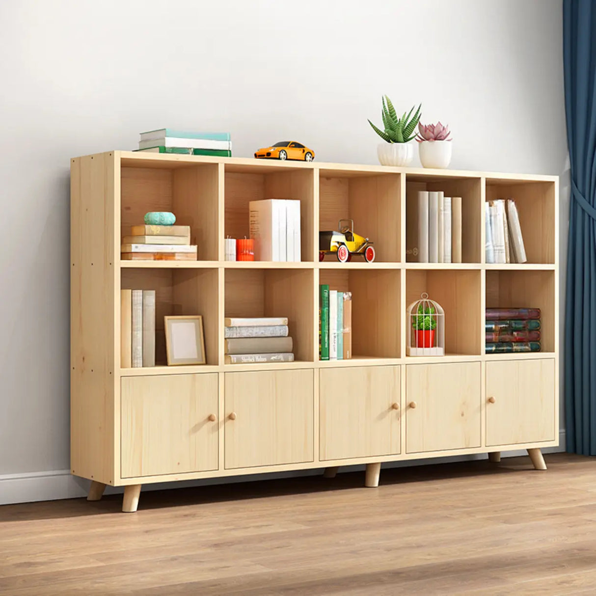 Casual Closed White Doors Pine Modern Long Bookcase Image - 26
