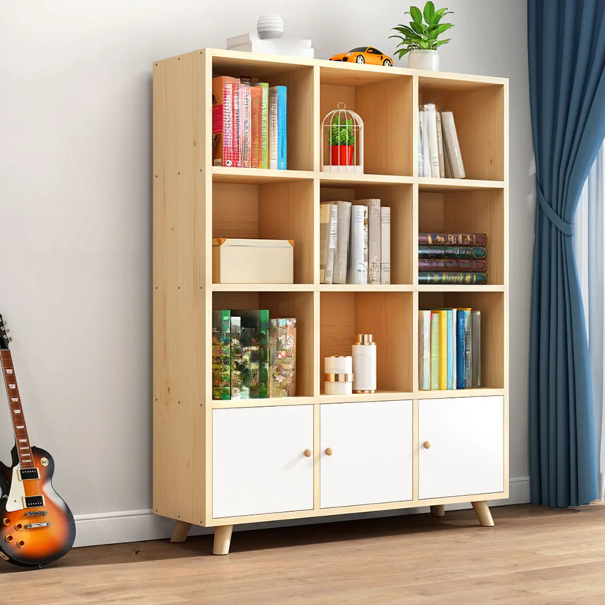 Casual Closed White Doors Pine Modern Long Bookcase Image - 29