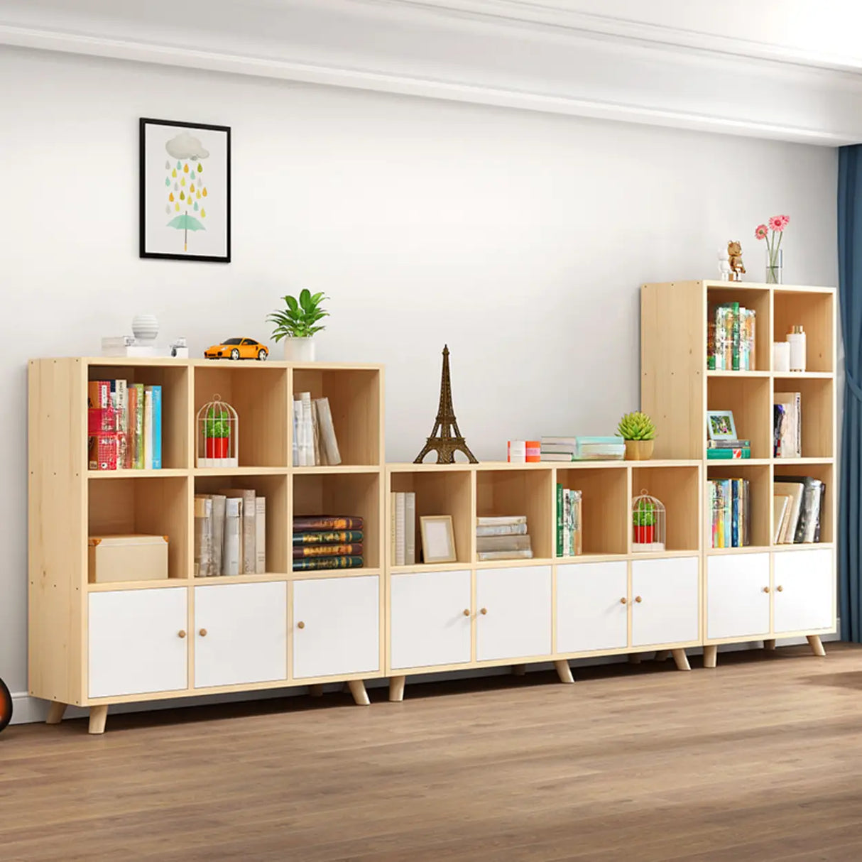 Casual Closed White Doors Pine Modern Long Bookcase Image - 3