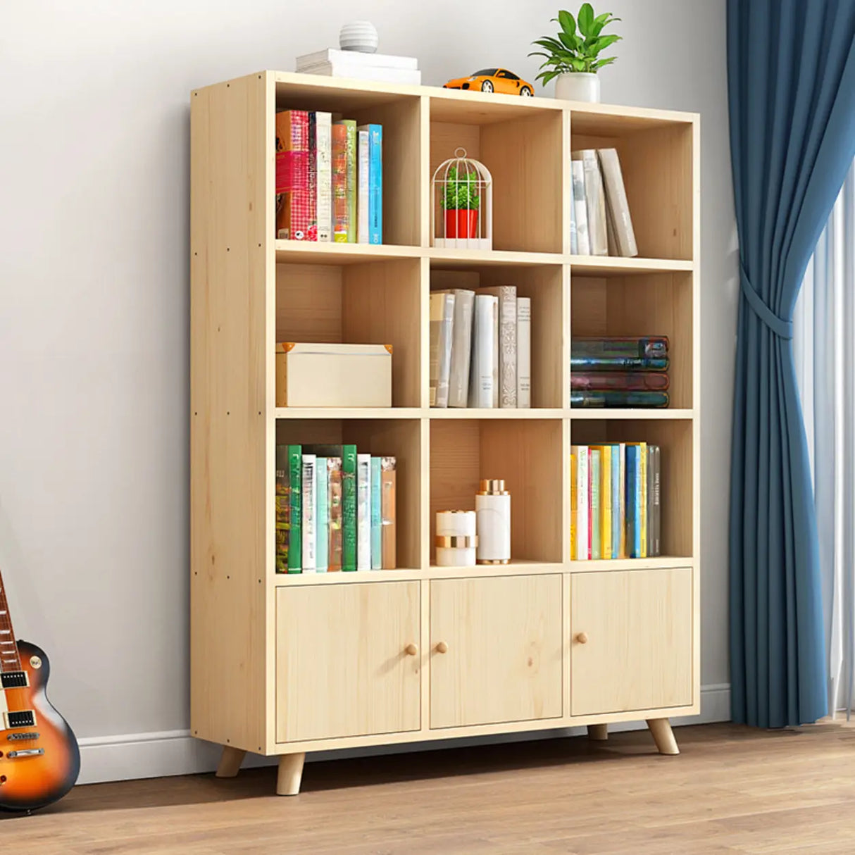 Casual Closed White Doors Pine Modern Long Bookcase Image - 30