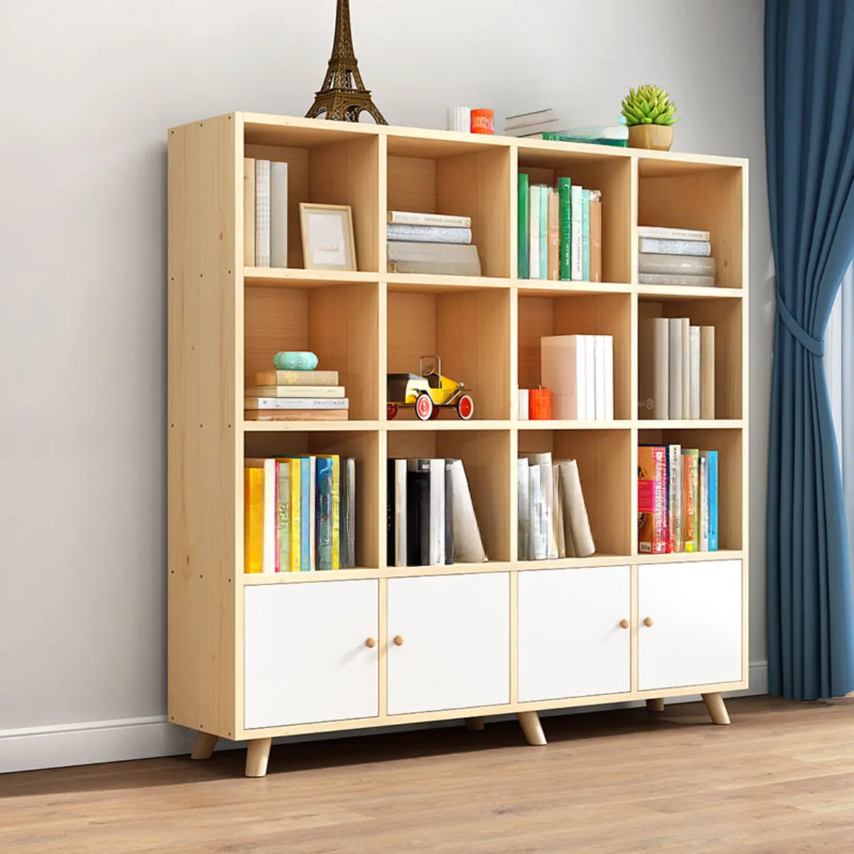 Casual Closed White Doors Pine Modern Long Bookcase Image - 31