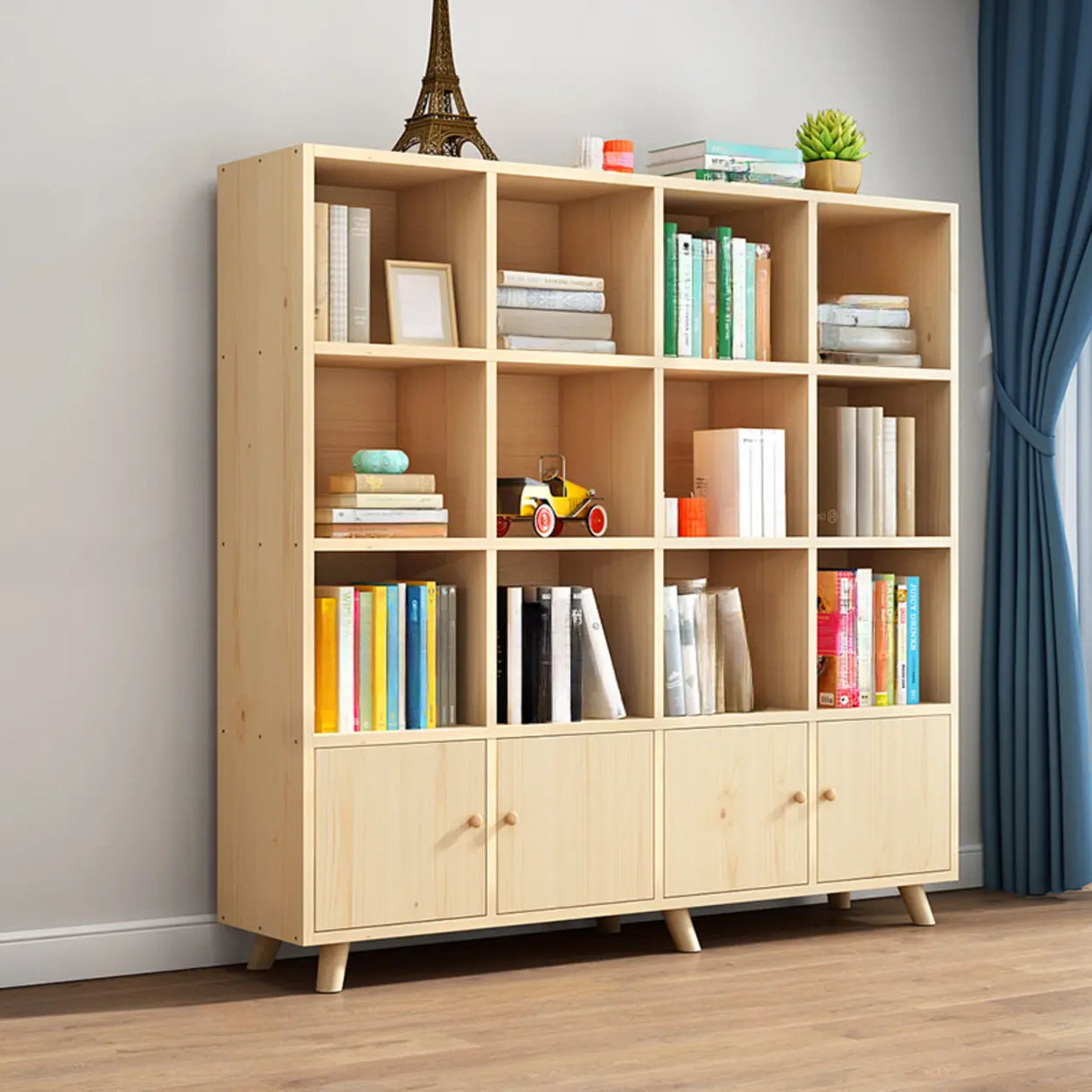 Casual Closed White Doors Pine Modern Long Bookcase Image - 32