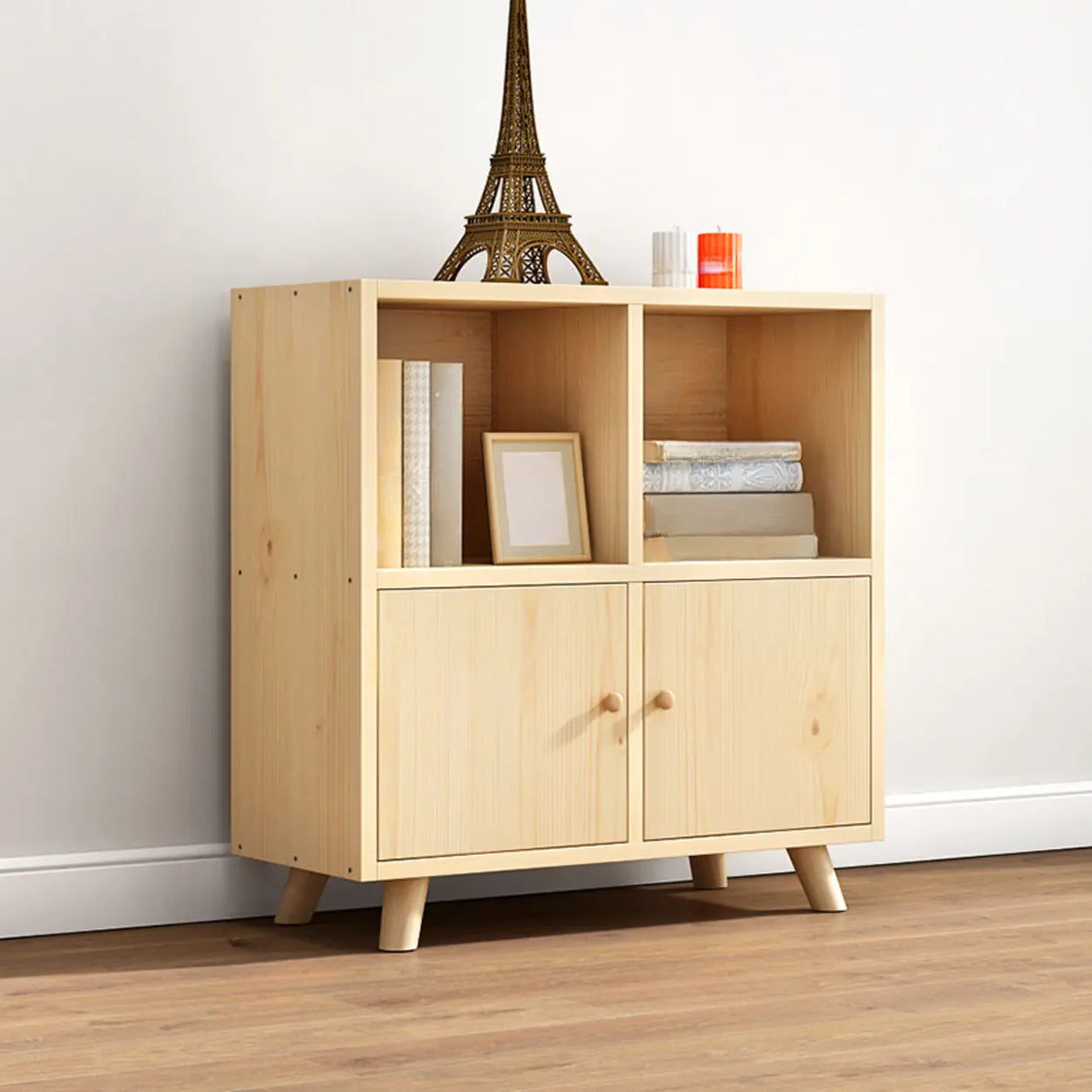 Casual Closed White Doors Pine Modern Long Bookcase Image - 4