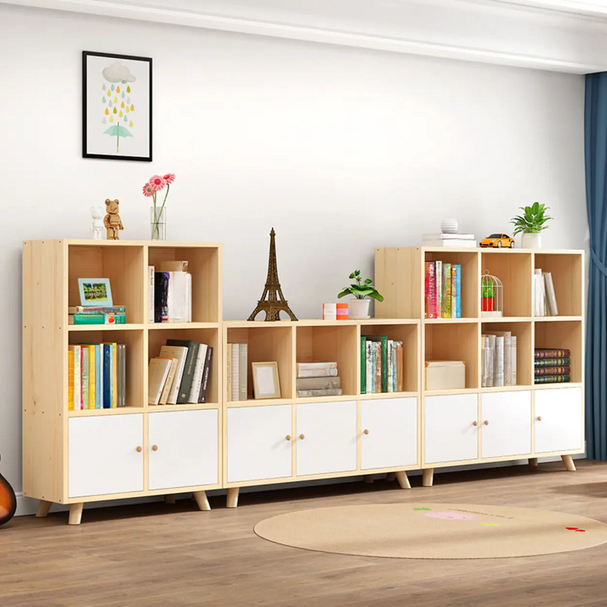 Casual Closed White Doors Pine Modern Long Bookcase Image - 5