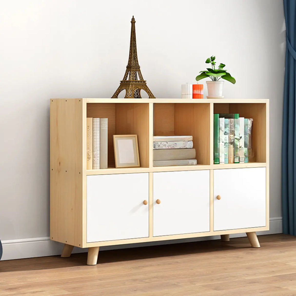 Casual Closed White Doors Pine Modern Long Bookcase Image - 6