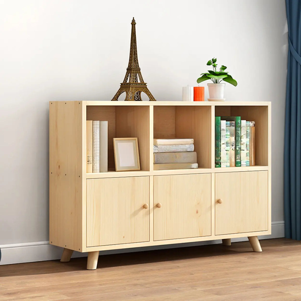 Casual Closed White Doors Pine Modern Long Bookcase Image - 8